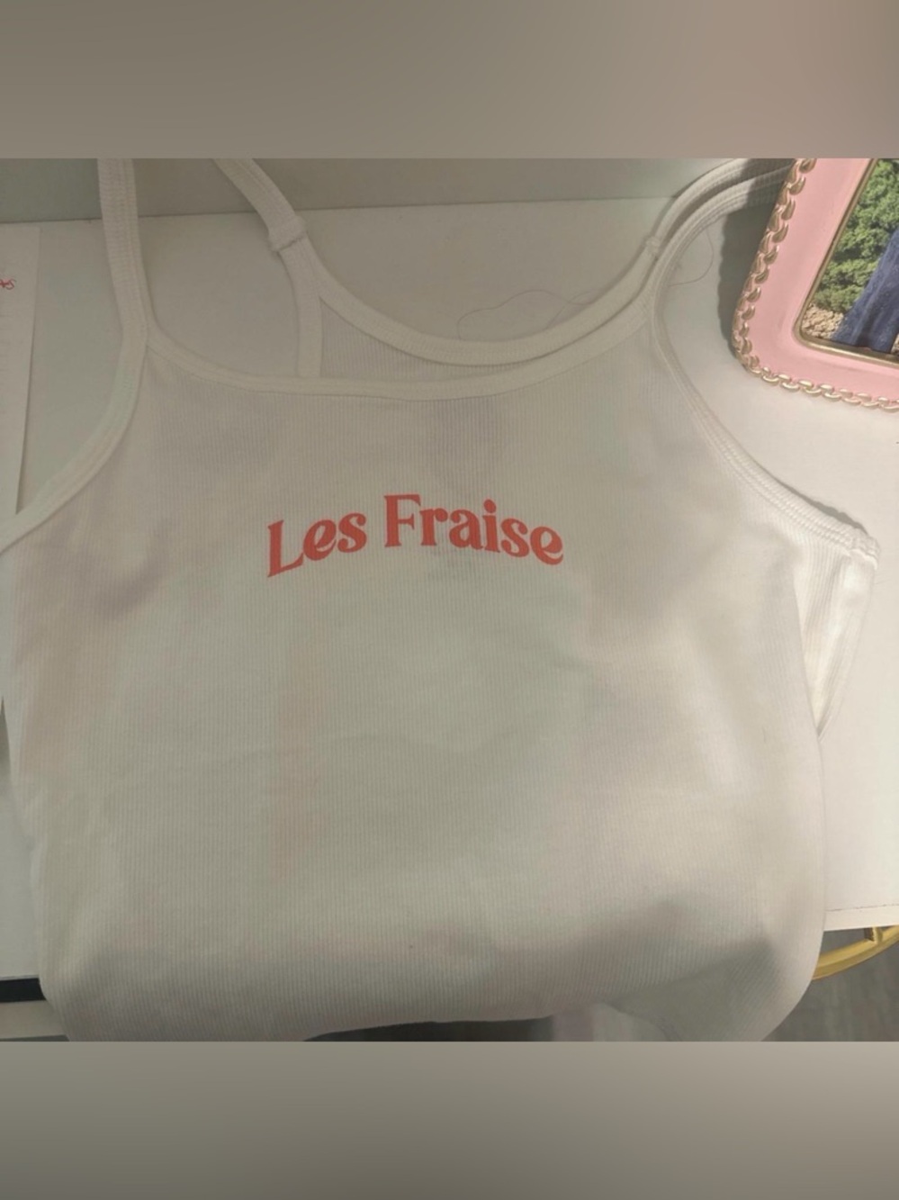 Cotton On White Tank Top with Pink 'Les Fraise' Print